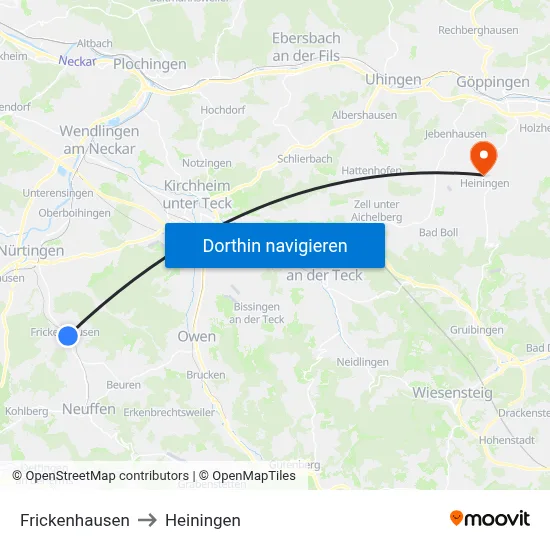 Frickenhausen to Heiningen map