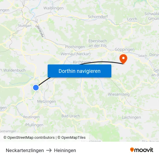 Neckartenzlingen to Heiningen map