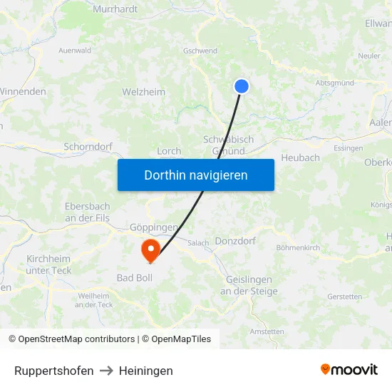 Ruppertshofen to Heiningen map