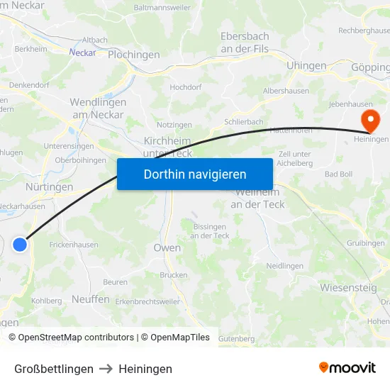 Großbettlingen to Heiningen map