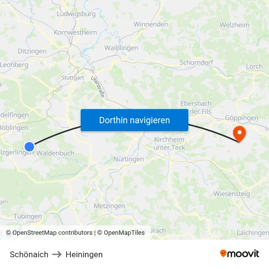 Schönaich to Heiningen map