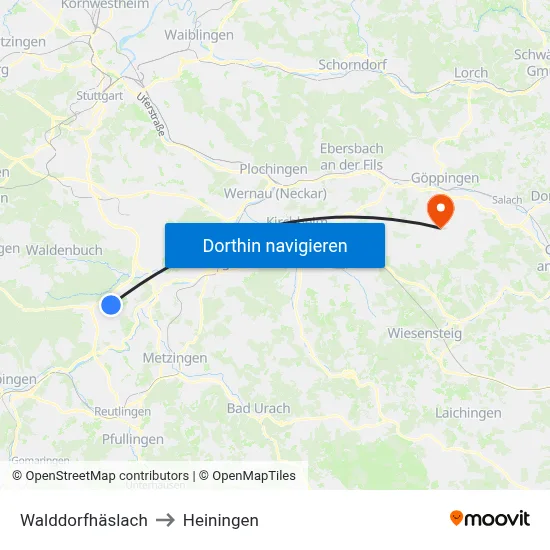 Walddorfhäslach to Heiningen map