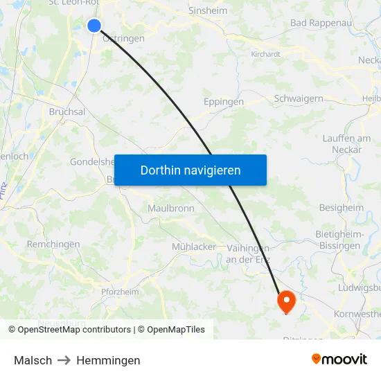 Malsch to Hemmingen map