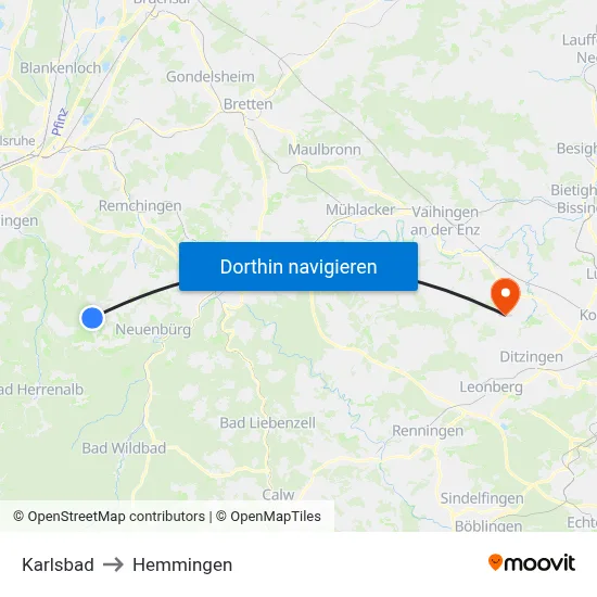 Karlsbad to Hemmingen map