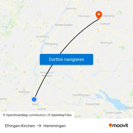 Efringen-Kirchen to Hemmingen map