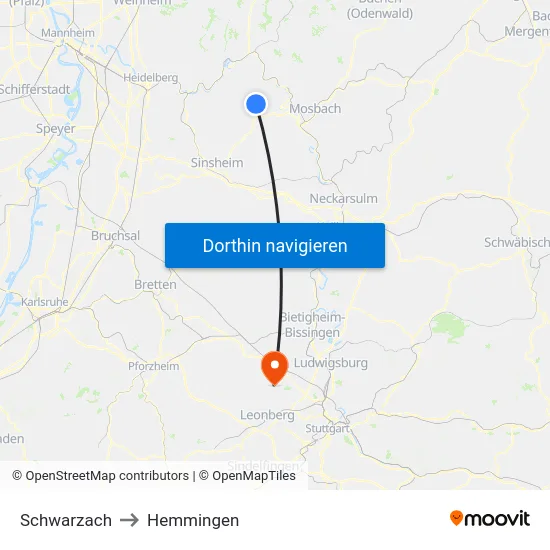 Schwarzach to Hemmingen map