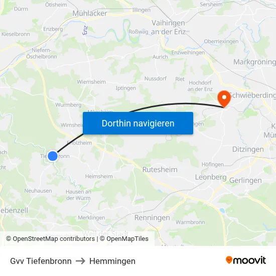 Gvv Tiefenbronn to Hemmingen map