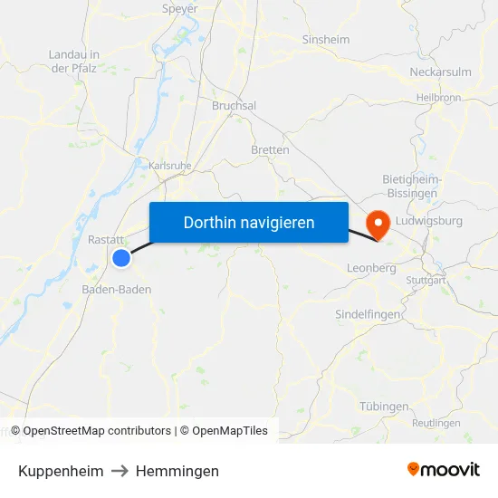 Kuppenheim to Hemmingen map