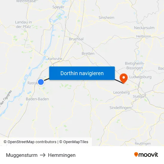 Muggensturm to Hemmingen map