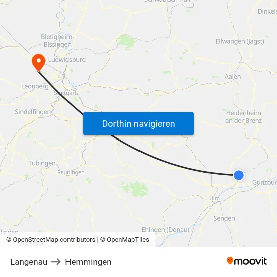 Langenau to Hemmingen map