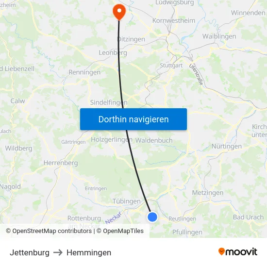 Jettenburg to Hemmingen map