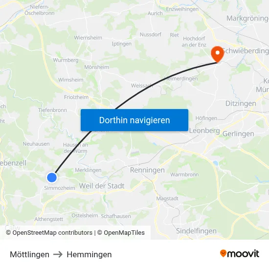 Möttlingen to Hemmingen map