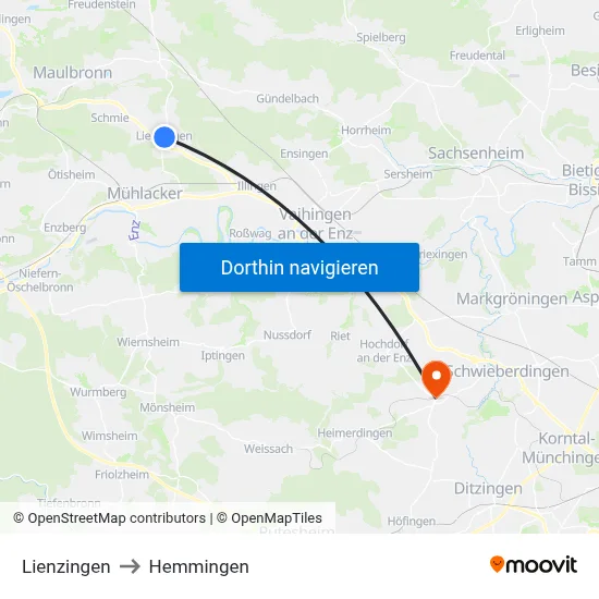 Lienzingen to Hemmingen map