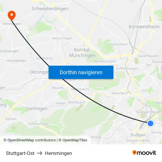 Stuttgart-Ost to Hemmingen map