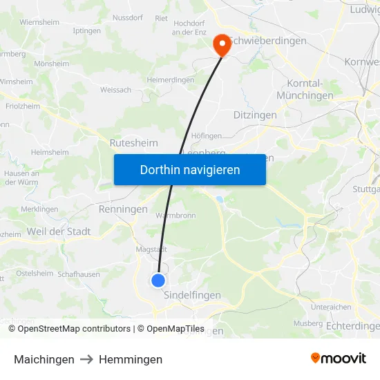 Maichingen to Hemmingen map