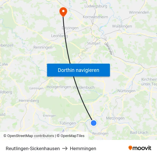 Reutlingen-Sickenhausen to Hemmingen map