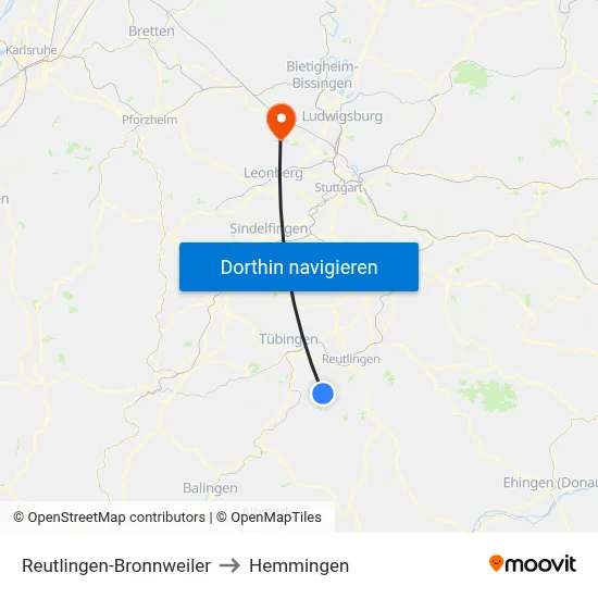 Reutlingen-Bronnweiler to Hemmingen map