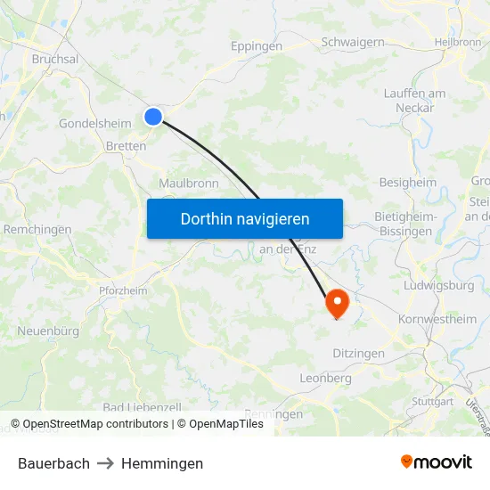 Bauerbach to Hemmingen map