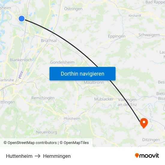 Huttenheim to Hemmingen map