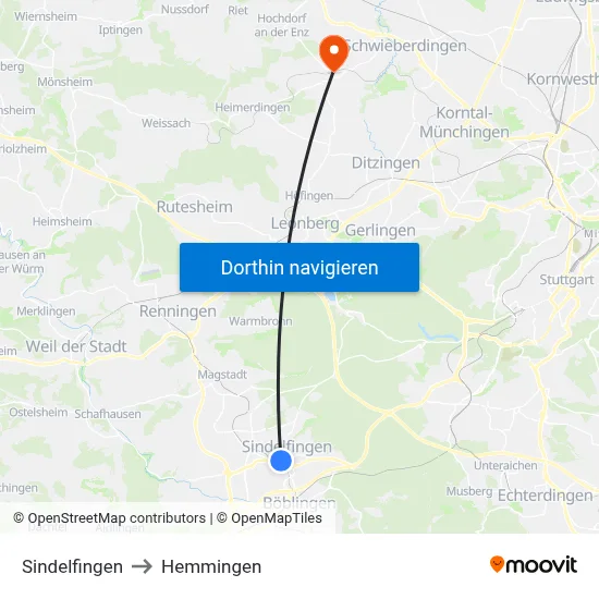 Sindelfingen to Hemmingen map