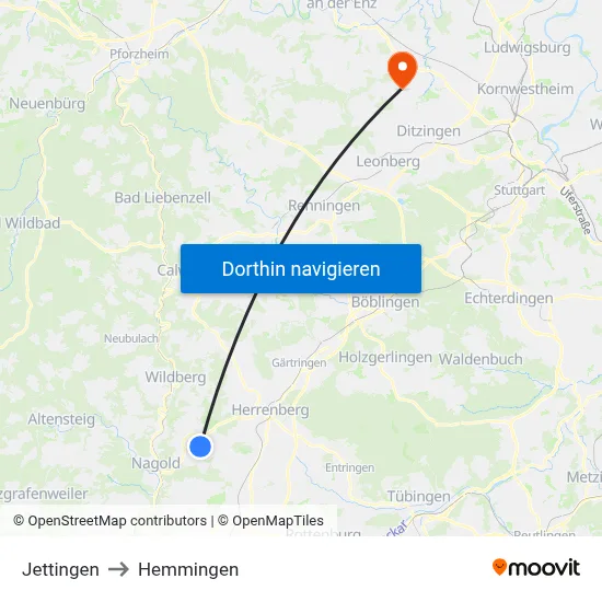 Jettingen to Hemmingen map