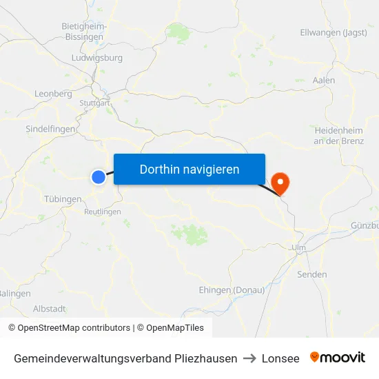 Gemeindeverwaltungsverband Pliezhausen to Lonsee map