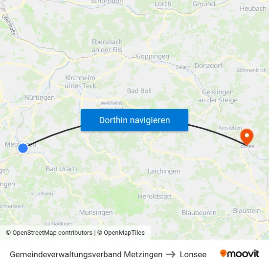 Gemeindeverwaltungsverband Metzingen to Lonsee map