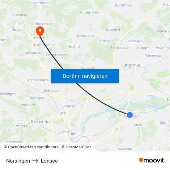 Nersingen to Lonsee map