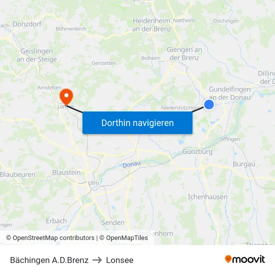 Bächingen A.D.Brenz to Lonsee map