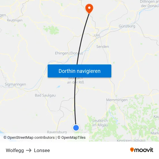 Wolfegg to Lonsee map