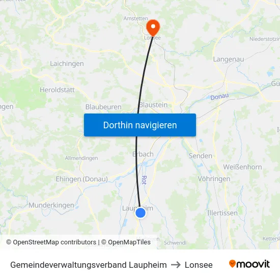 Gemeindeverwaltungsverband Laupheim to Lonsee map