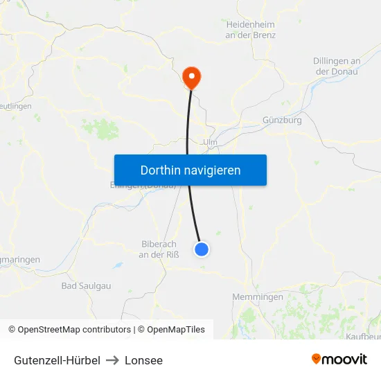 Gutenzell-Hürbel to Lonsee map