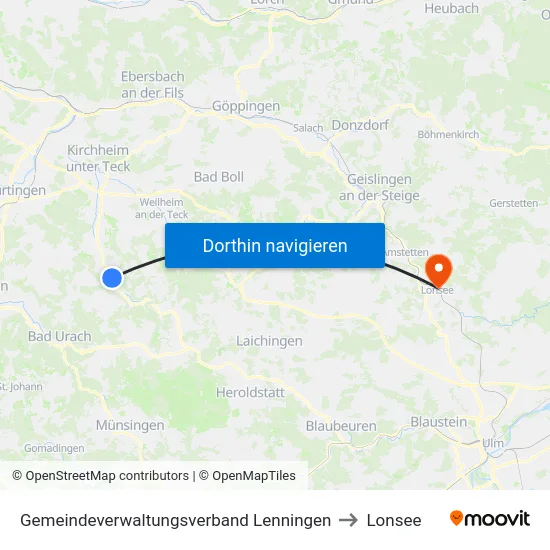 Gemeindeverwaltungsverband Lenningen to Lonsee map