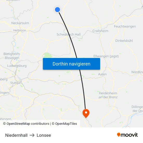 Niedernhall to Lonsee map