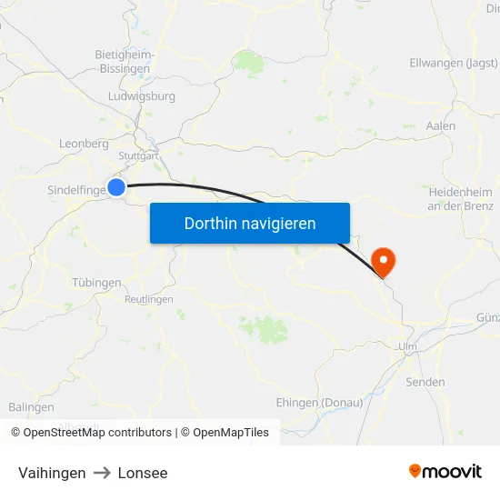 Vaihingen to Lonsee map