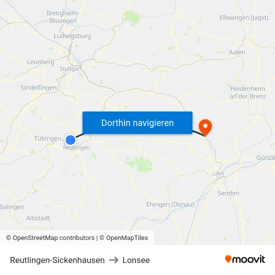 Reutlingen-Sickenhausen to Lonsee map