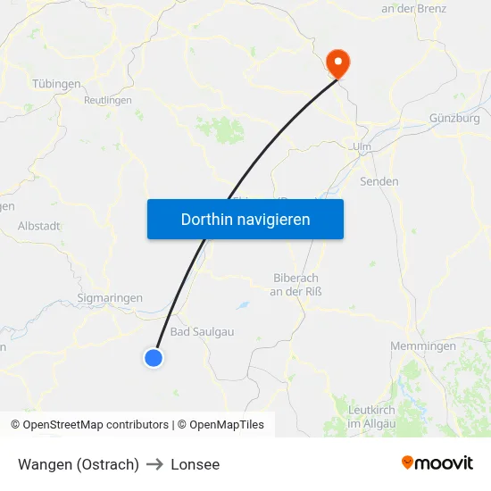 Wangen (Ostrach) to Lonsee map
