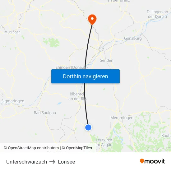 Unterschwarzach to Lonsee map