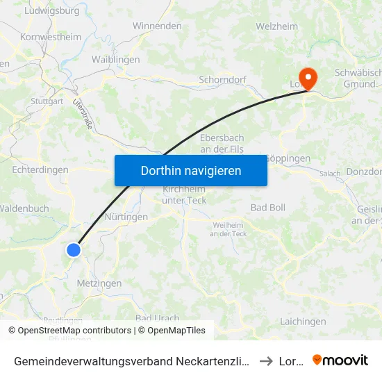 Gemeindeverwaltungsverband Neckartenzlingen to Lorch map