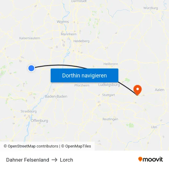 Dahner Felsenland to Lorch map