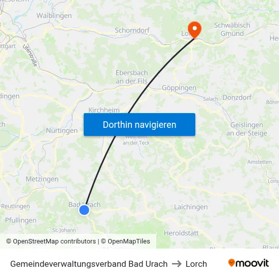 Gemeindeverwaltungsverband Bad Urach to Lorch map