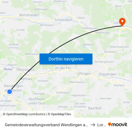 Gemeindeverwaltungsverband Wendlingen am Neckar to Lorch map