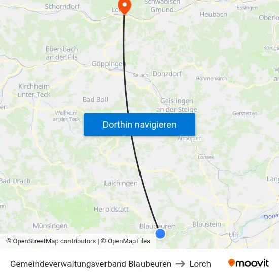Gemeindeverwaltungsverband Blaubeuren to Lorch map
