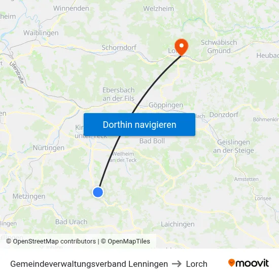 Gemeindeverwaltungsverband Lenningen to Lorch map
