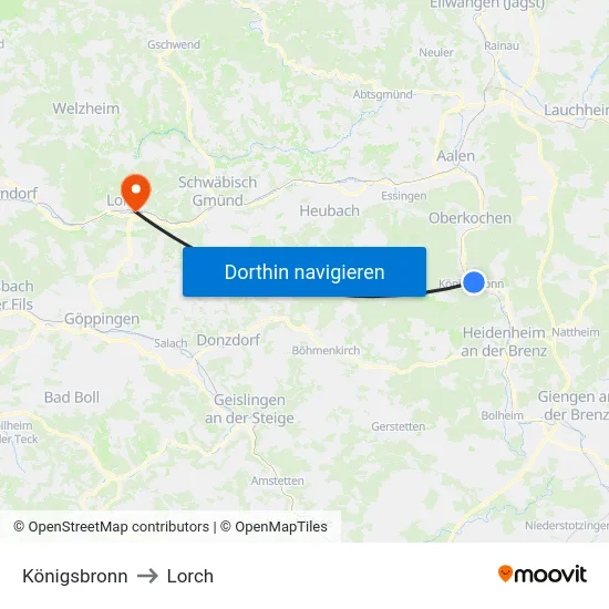 Königsbronn to Lorch map