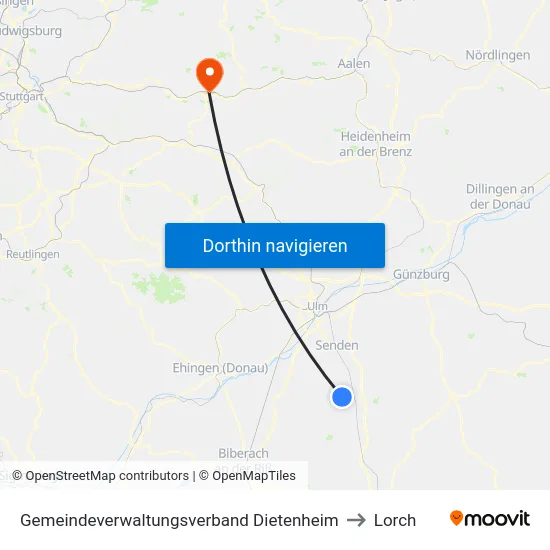 Gemeindeverwaltungsverband Dietenheim to Lorch map