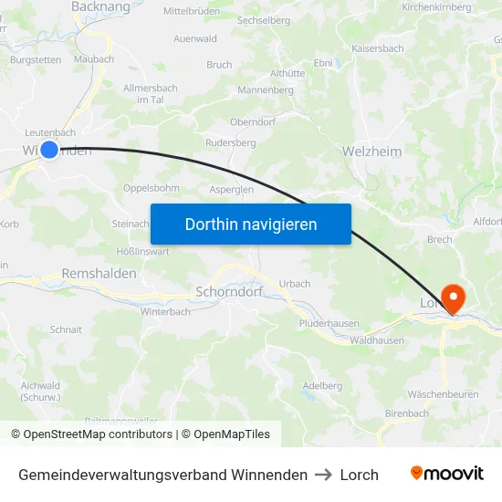 Gemeindeverwaltungsverband Winnenden to Lorch map