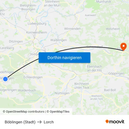 Böblingen (Stadt) to Lorch map