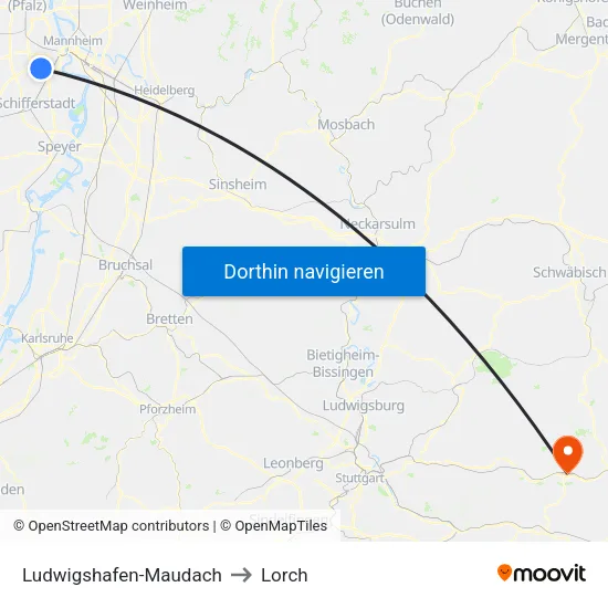 Ludwigshafen-Maudach to Lorch map