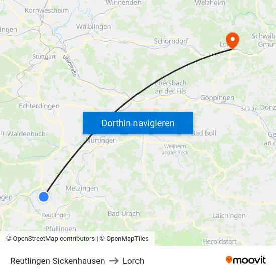 Reutlingen-Sickenhausen to Lorch map